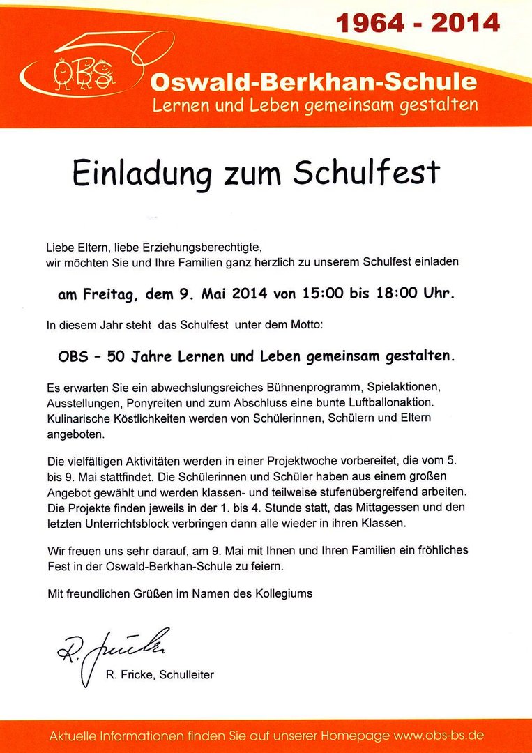 Einladung zum Schulfest am 09. Mai 2014